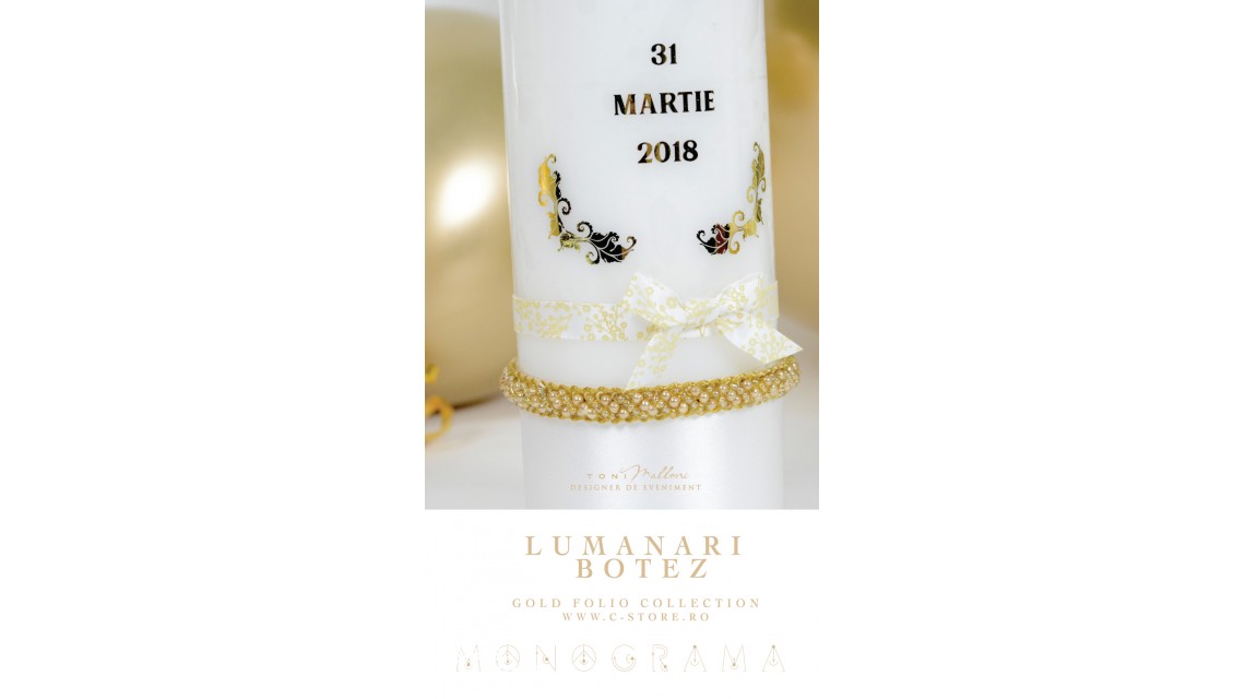 Lumanare de botez personalizata, print folio gold, 30x8cm, Imperial 2